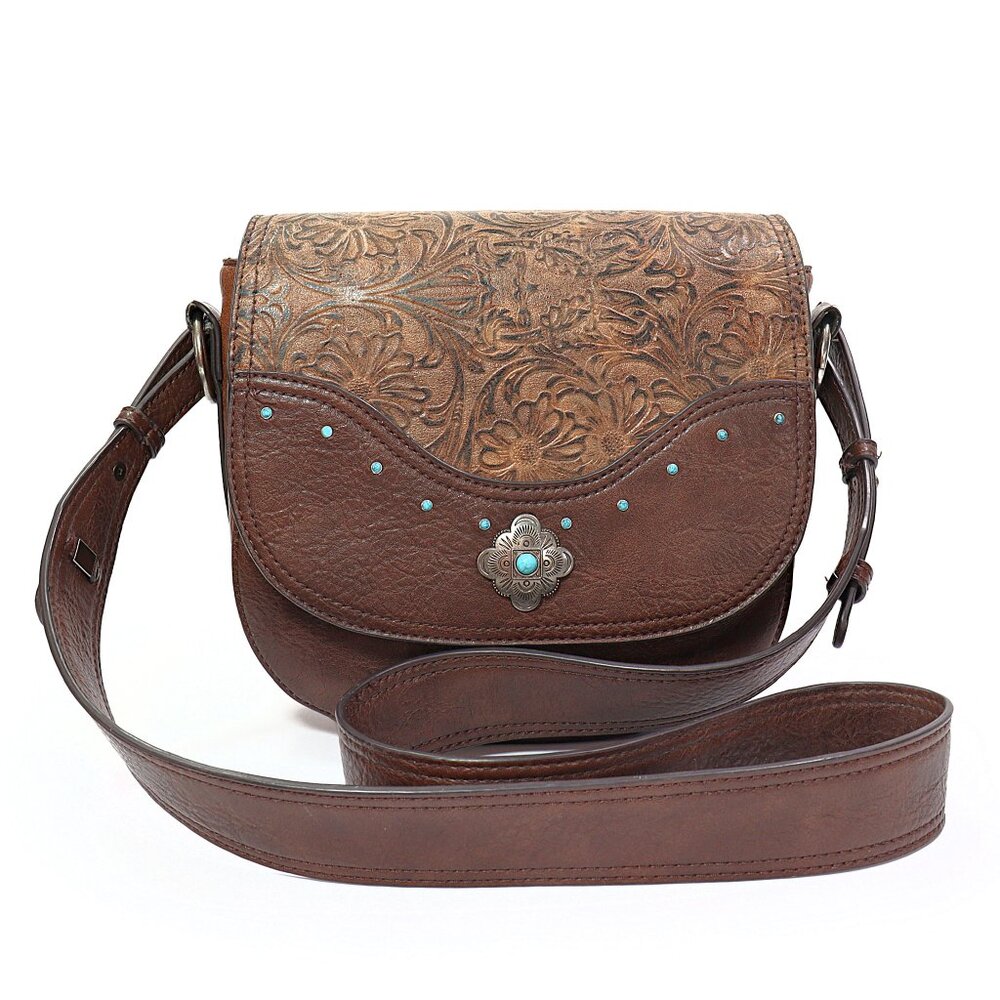 Justin Crossbody Bag Western Tooled Embossed Leather Concho Saddle Bag Purse